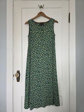 Vintage April Cornell Floral Midi-Dress – Size XS – Fern Green, Violet, Black